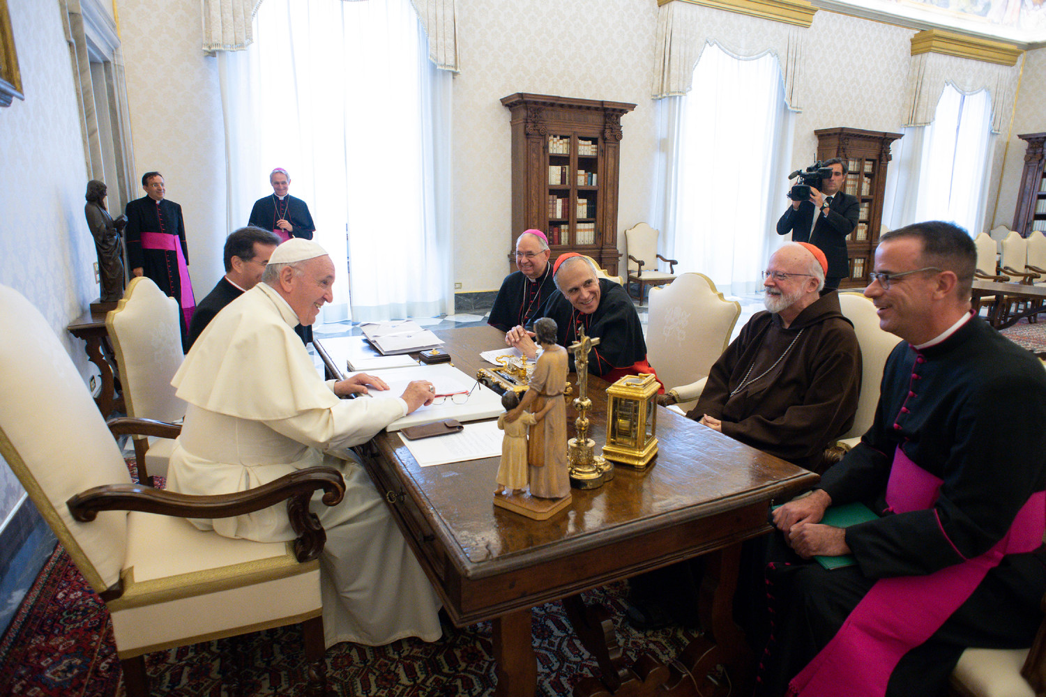 Pope Francis meets with officials representing the U.S. Conference of Catholic Bishops at the Vatican Sept. 13. From left are Archbishop Jose H. Gomez of Los Angeles, vice president of the conference, Cardinal Daniel N. DiNardo of Galveston-Houston, president of the conference, Cardinal Sean P. O’Malley of Boston, president of the Pontifical Commission for the Protection of Minors, and Msgr. J. Brian Bransfield, general secretary of the conference.